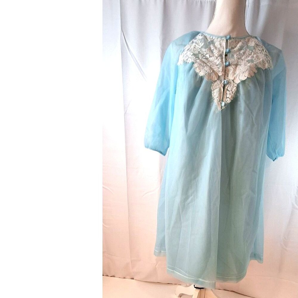 Vtg 1960 Henson Kickernick Peignoir Set Blue Nylon Nightgown Robe Lace Sml Flaw